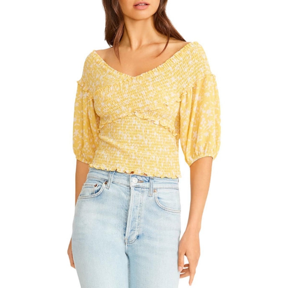 BB Dakota Yellow Floral Smocked Puff Sleeve Blouse NWT